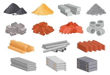 Çizgi film malzemeleri, endüstriyel inşaat malzemeleri. Beton, beton, beton, kum, tuğla, kalas, metal borular vektörü ayarlandı