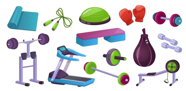 Hjem gym fitness udstyr, sport træningsmaskiner. Gymnastikbold, håndvægte, yogamåtte. Sunde livsstil udøver værktøjer vektor sæt – Stock-vektor