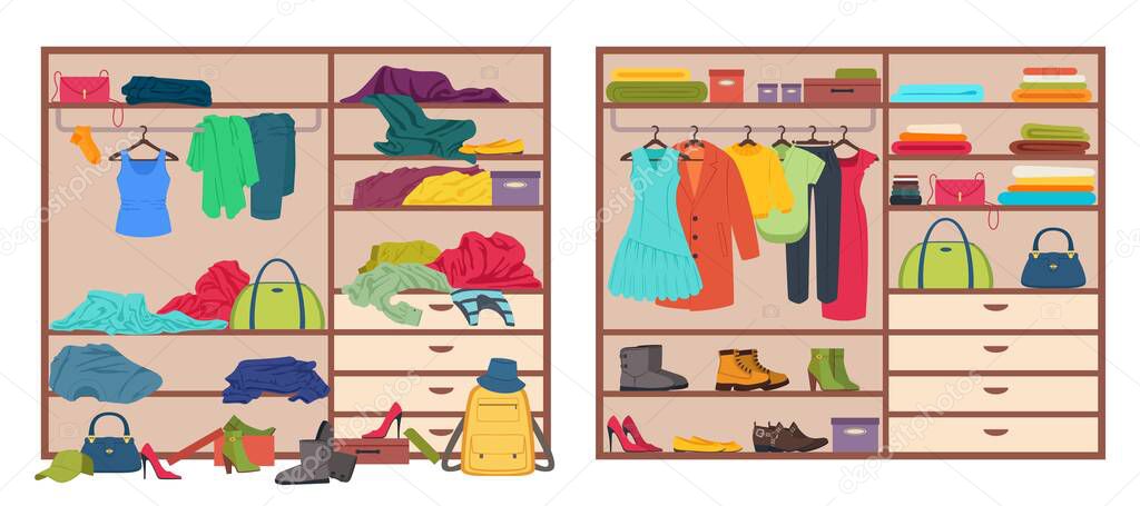 Messy wardrobe, open closet before and after organizing clothes. Tidy or untidy wardrobe, clothing declutter and organization vector illustration