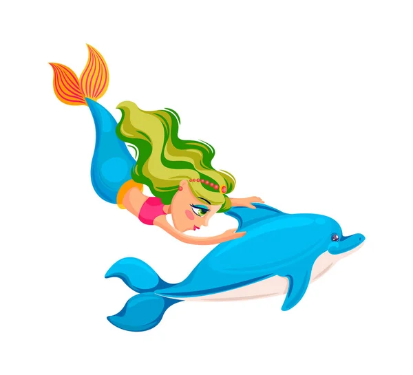 海豚和彩色美人鱼在水下共游 — 图库矢量图片
