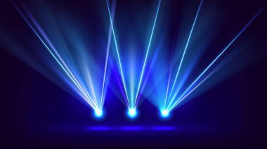 Lazer ışığı gösterisi. Spot ışıklı lazer ışınları olan soyut gece kulübü sahnesi, kurşun ışınlı disko kulübü sahnesi. Vektör gece hayatı gerçekçi arka plan.