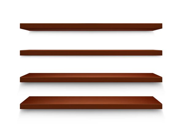 Realistic wooden shelves. Empty brown wood store product shelf, realistic wall bookshelf with shadow. Library, shop storage and home furniture. Isolated 3D realistic vector template.