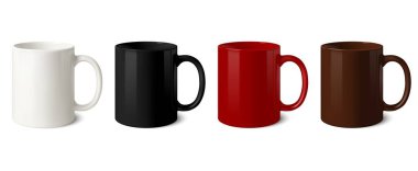 Kahve ve çay için seramik bardak ve fincanlar boş, beyaz, siyah ve kırmızı, basılabilir ürünler için kahverengi şablon. Gerçekçi 3B oluşturma vektörü kümesi