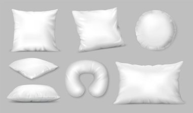 Yatak malzemesi, ev dekorasyonu ve iç dekorasyonu için yumuşak pamuklu ve keten kumaşlı gerçekçi yastık modeli. Uyumak için 3B kare ve yuvarlak yastık seti.