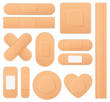 Gerçekçi tıbbi alçı ilk yardım bandajı, yapıştırıcı bant, ilaç bandı. Yara ve yaralanma için bandaj, çıkartma bandı. Kaza ilk yardım seti. Acil tedavi ve iyileşme. Vektör seti.