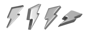 3D yıldırım metali ikonu. Gümüş şimşek çakması, krom y2k ok, metalik yıldırım gerçekçi render. Elektrik yükleme uyarı sembolü, yüksek voltaj tehlike işareti, enerji gücü, hızlı vektör emojisi.