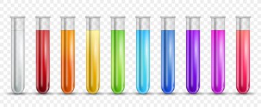 Biyolojik renk sıvılarıyla üç boyutlu gerçekçi cam test tüpü. Şeffaf laboratuvar konteynırı, ilaç laboratuarı kontrol ekipmanları. Klinik tanı ve hematoloji tüpü vektörü izole edilmiş..