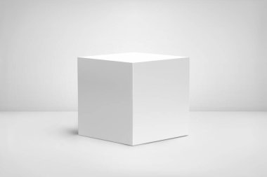 Küp 3d podyum, beyaz, platform. Bakış açısında kutu, ürün tabanı görüntüleme modeli. Ödül kaidesi, boş stüdyo sahnesinde sergi bloğu sütunları. Sunum duruşu gerçekçi vektör gösterim şablonu.