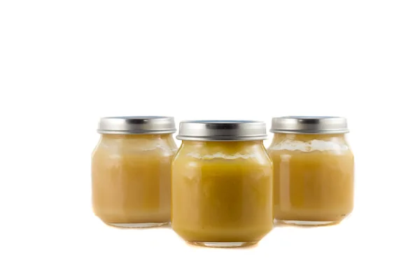 Three jars with fruit puree each other — Stock Photo, Image