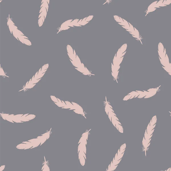 Plumas rosadas patrón sin costuras sobre fondo gris. — Vector de stock