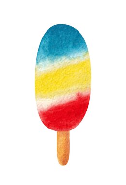 Elle çizilmiş suluboya dondurma beyaz zemin üzerinde kırmızı, sarı ve mavi renkler.
