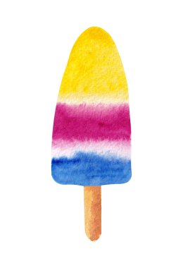 Beyaz arkaplanda mor, sarı ve mavi renklerde el yapımı suluboya dondurma..