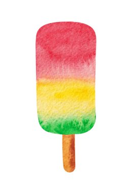 Beyaz arkaplanda kırmızı, sarı ve yeşil renklerde el yapımı suluboya dondurma..