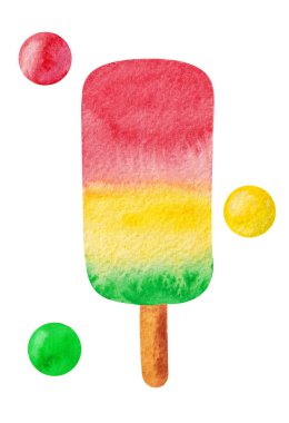 Elle çizilmiş suluboya dondurma beyaz zemin üzerinde kırmızı, sarı ve yeşil renkler ile renk topları, küreler.