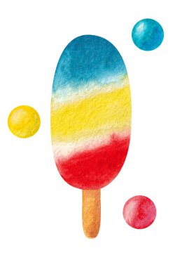Elle çizilmiş suluboya dondurma beyaz zemin üzerinde kırmızı, sarı ve mavi renkler ile renk topları, küreler.