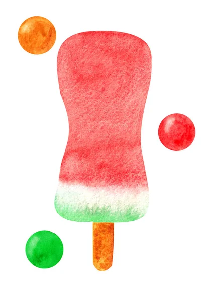 Hand drawn watercolor ice cream on white background in pink and green colors with color balls, spheres. — Stock Photo, Image