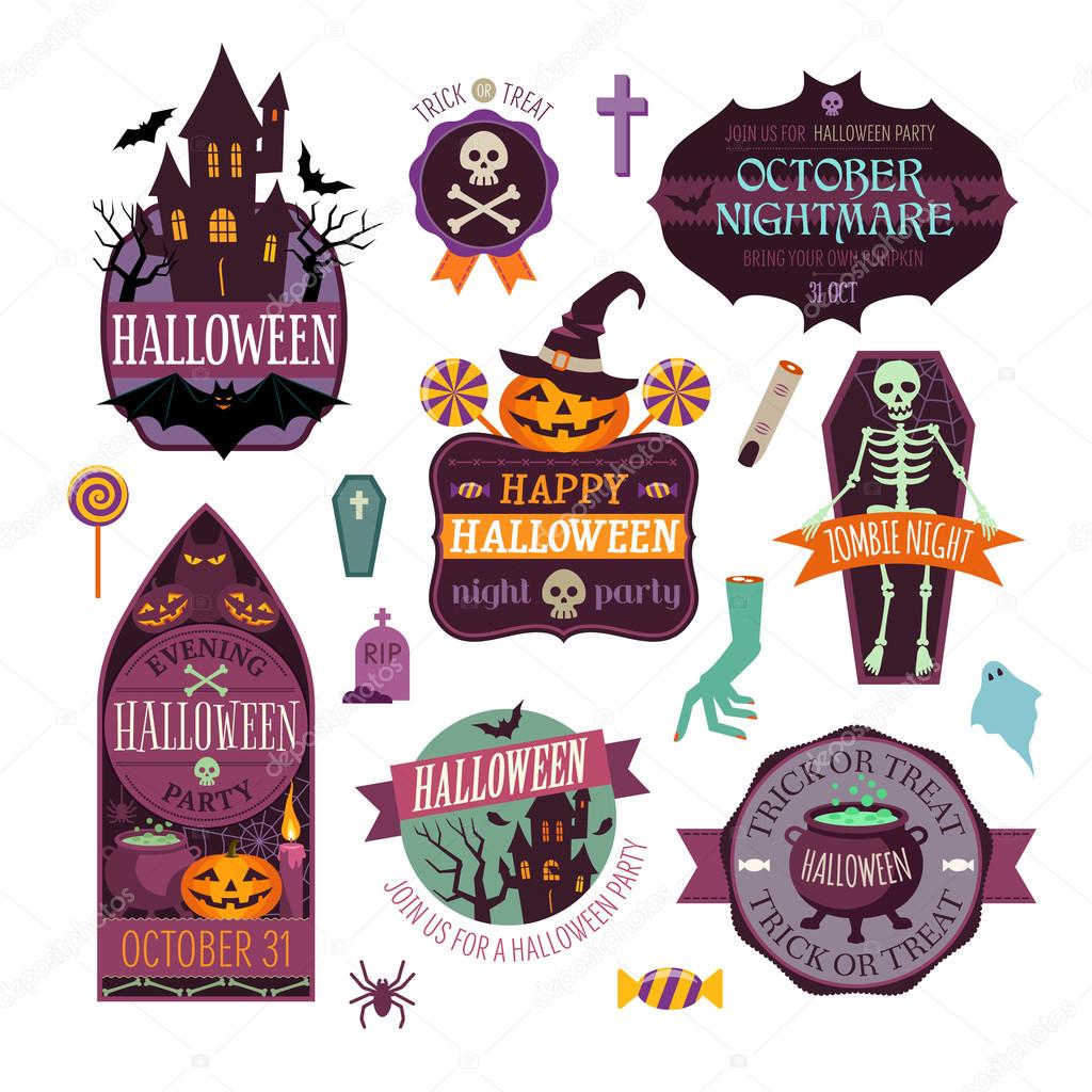 Set Of Vintage Happy Halloween Badges and Labels