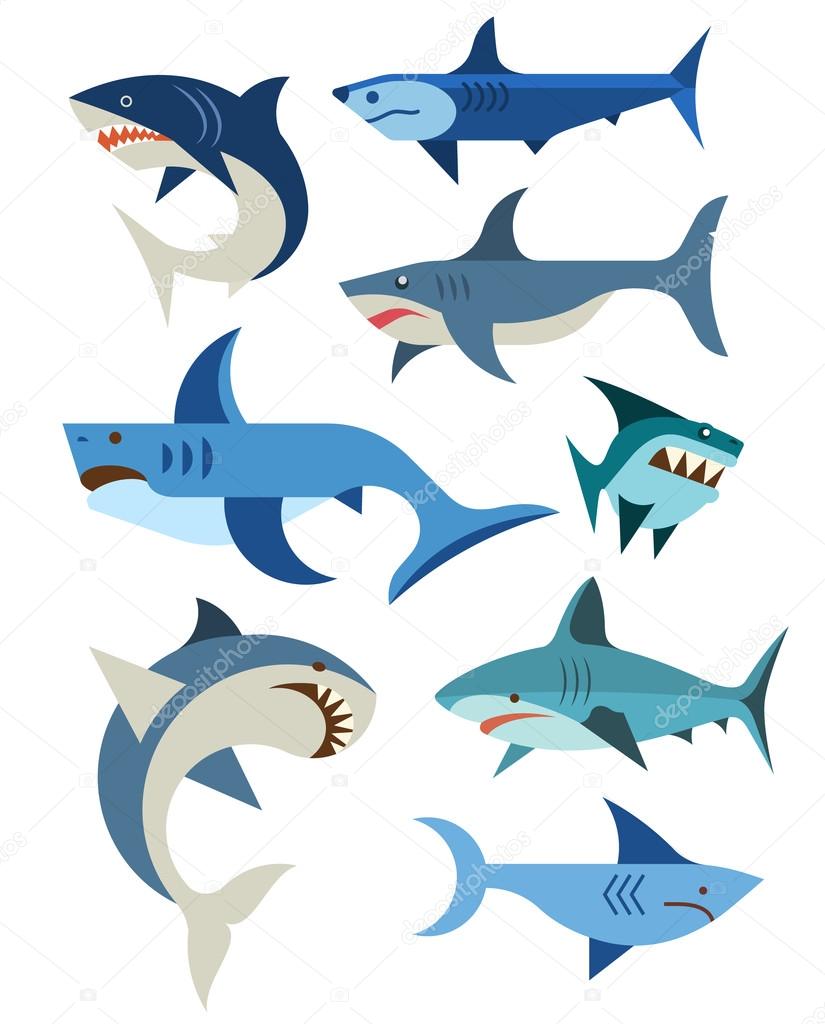 Vector flat set of sharks