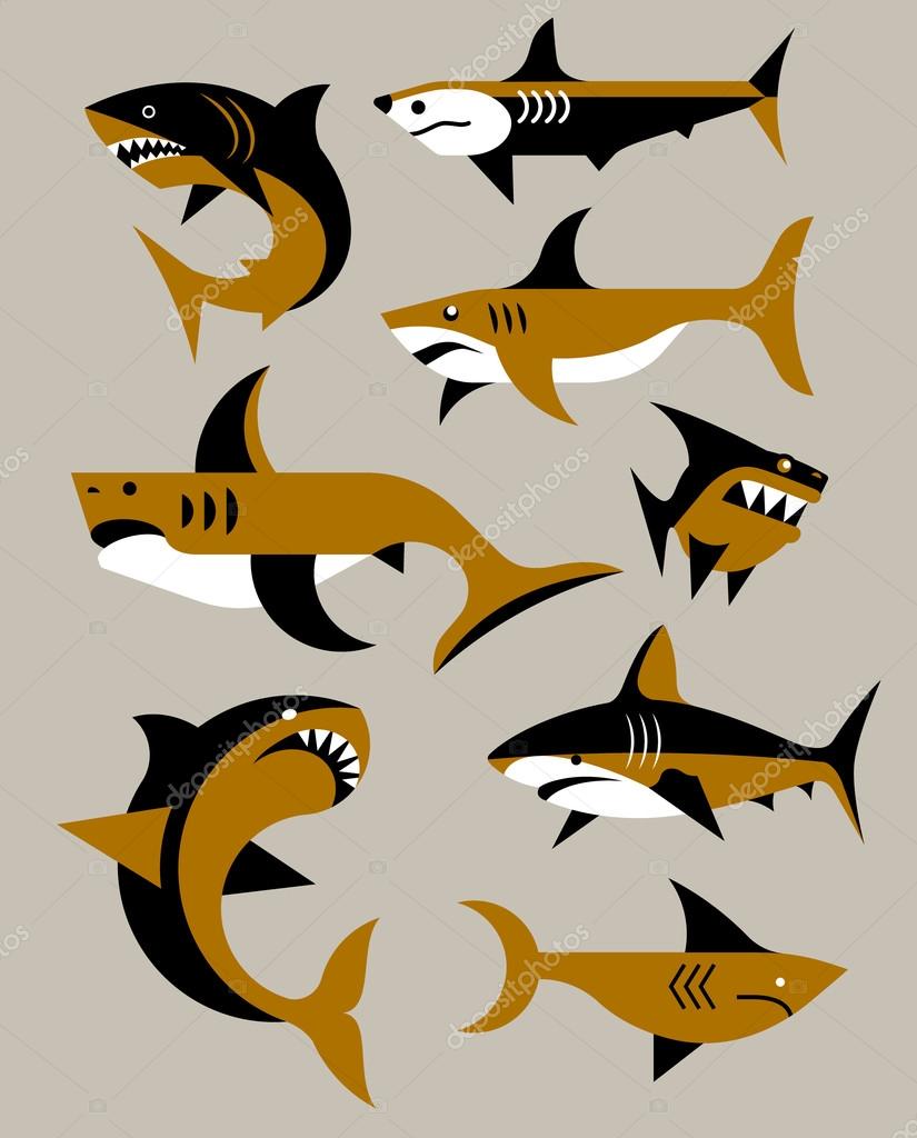 Vector flat set of sharks