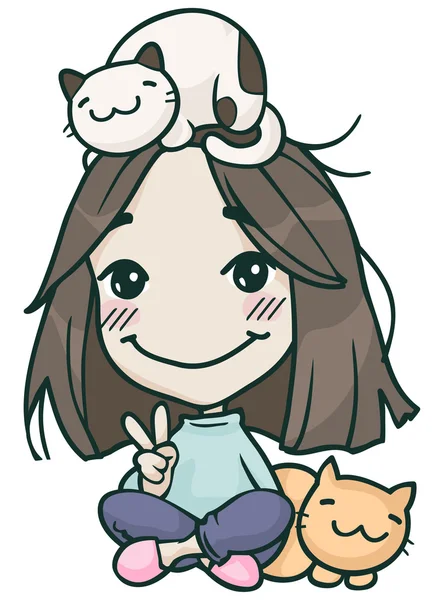 Hikikomori menina bonito com gatos — Vetor de Stock