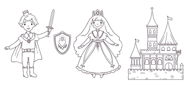 Imágenes vectoriales de dibujos animados de príncipe y princesa y escudo real de armas y castillo — Vector de stock