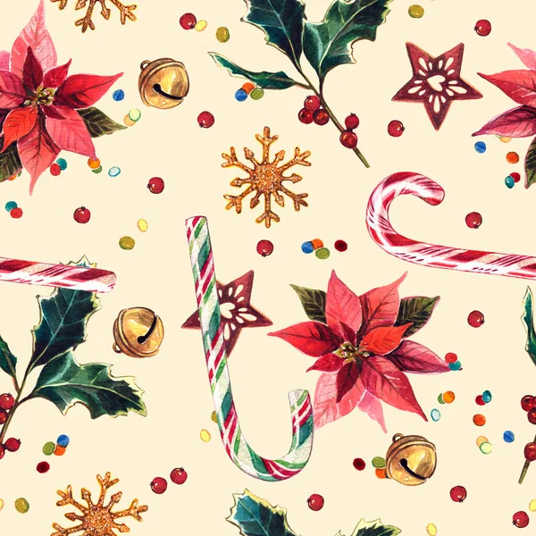 Akwarelowy wzór świąteczny z cukierkami, gałązki ostrokrzewu, kwiaty poinsettii i konfetti na żółtym tle — Zdjęcie stockowe