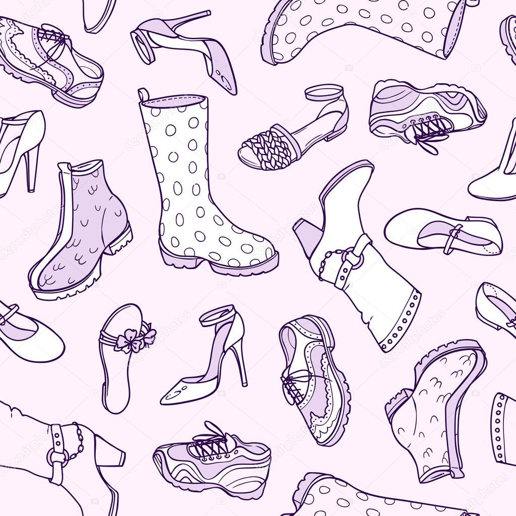 seamless vector pattern with different shoes in gentle lavender shades with white