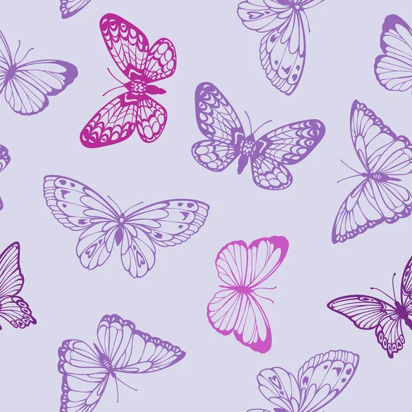 Vector naadloos patroon in lavendeltinten met decoratieve vlinders — Stockvector