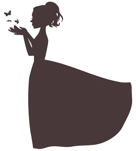 Vecton sylwetka kreskówki eleganckiej dziewczyny w długiej podpuchniętej sukience uwalniającej motyle — Wektor stockowy