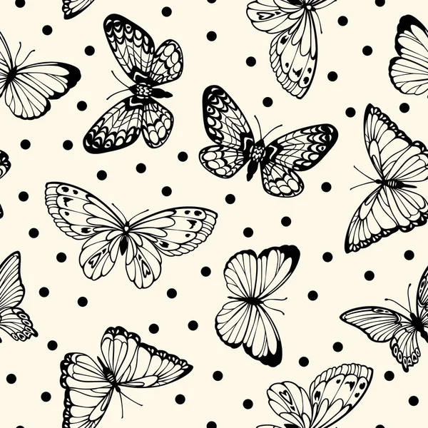 空飛ぶ輪郭の装飾蝶とベクトルシームレスなポルカドットパターン — ストックベクタ