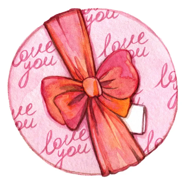 Watercolor pink round gift box with bow and note and lettering love you — Stock Photo, Image