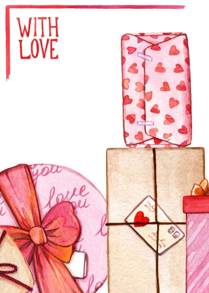 Watercolor card on white background with valentines day wrapped gifts with love — Stock Photo, Image