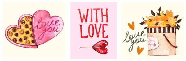 Set of small watercolor valentines day cards, with love, lollipop, flowers, box of chocolates — Stock Photo, Image