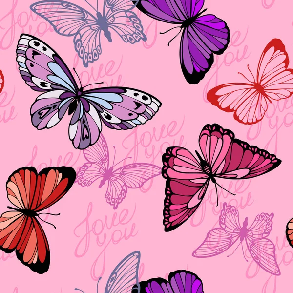 Vector patroon in roze tinten met gekleurde vliegende vlinders en liefde — Stockvector
