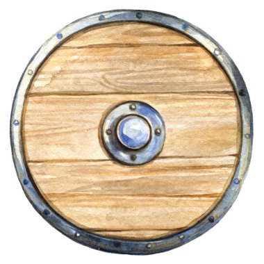 İskandinav Vikinglerinin bir savaş kalkanının suluboya görüntüsü. Metal kenarlı ve umbonlu ahşap.