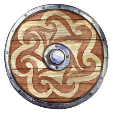 Gündönümü süslemeli İskandinav Vikinglerinin suluboya kalkanı