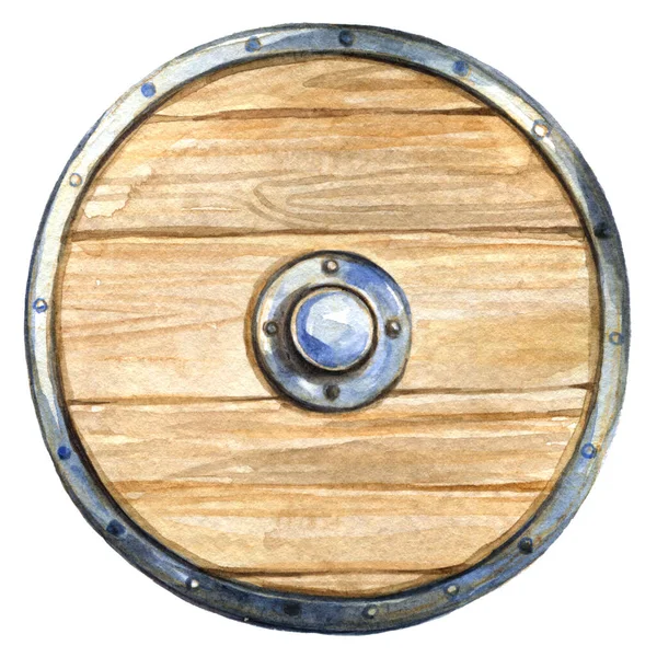 Acquerello immagine di uno scudo da battaglia dei vichinghi scandinavi, in legno con bordo in metallo e umbon — Foto Stock