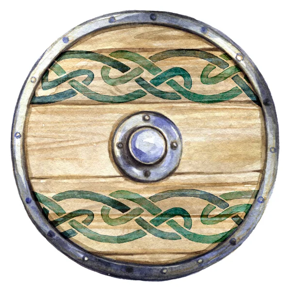 Acquerello autentico scudo vichingo con umbon e ornamento treccia scandinava — Foto Stock