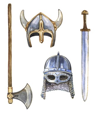 İskandinav Vikinglerinin suluboya miğferleri ve silahları.