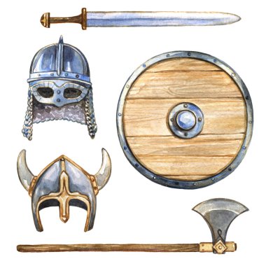 İskandinav Vikinglerinin üniforma takımı, kalkan, silah, tören ve savaş miğferi.