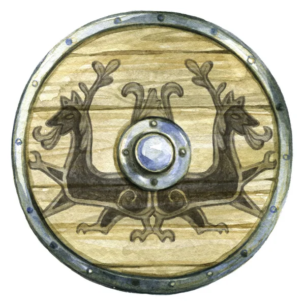 Acquerello scudo di legno dei vichinghi scandinavi con un modello di creature animali fantastiche — Foto Stock