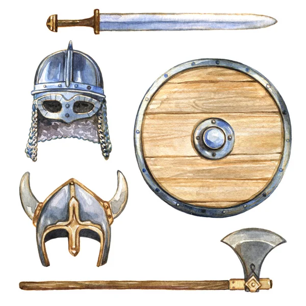 Conjunto de elementos de uniforme de los vikingos escandinavos, escudo, arma, casco ceremonial y de combate — Foto de Stock