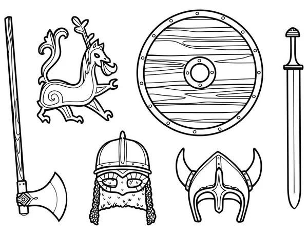 Set vectorial de elemente de contur ale echipamentelor și armelor vikingilor scandinavi — Vector de stoc