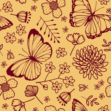 Şekillendirilmiş dekoratif kelebek ve çiçek desenli, güler yüzlü vektörsüz desen