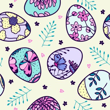 Kusursuz vektör yay paskalya deseni, boyalı yumurta ve çiçek desenli.