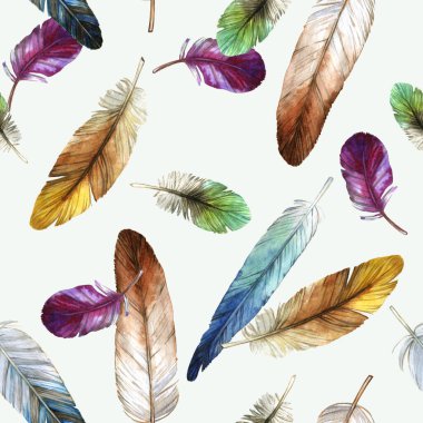 Düzensiz uçan renkli kuş tüyleriyle kusursuz suluboya deseni