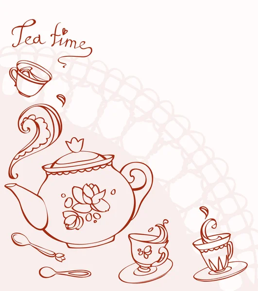 Tarjeta de felicitación con la imagen del contorno flotante suministros para el té — Archivo Imágenes Vectoriales