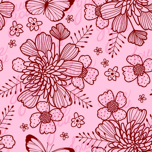 Seamless pattern with red contour stylized flowers and butterflies on a pink background — Stock Vector