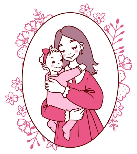 Gülümseyen annenin vektör portresi. Kızına pembe bir çerçeveyle sarılıyor.