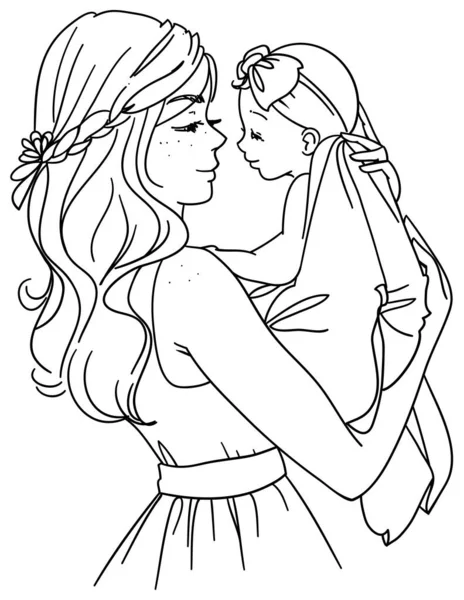 Vektorový obrys kreslení náčrtek realistické krásné matky s dcerou dítě v náručí — Stockový vektor